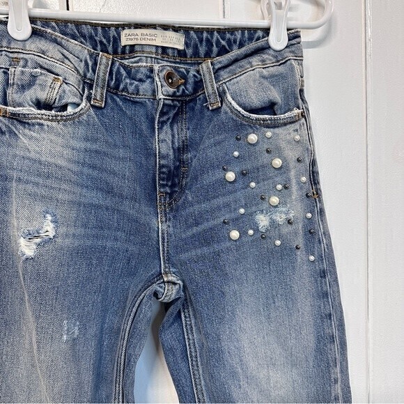 Zara Basic Z1975 Distressed Jeans with Pearls details, Size 00, Blue - Picture 4 of 8